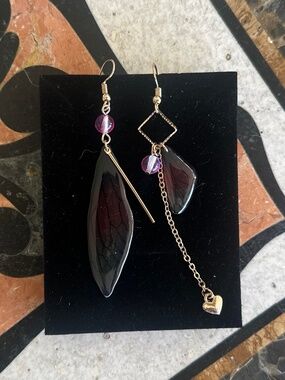 Whimsical Asymmetrical Fairy Wing & Geometric Dangle Earrings - Purple & Gold